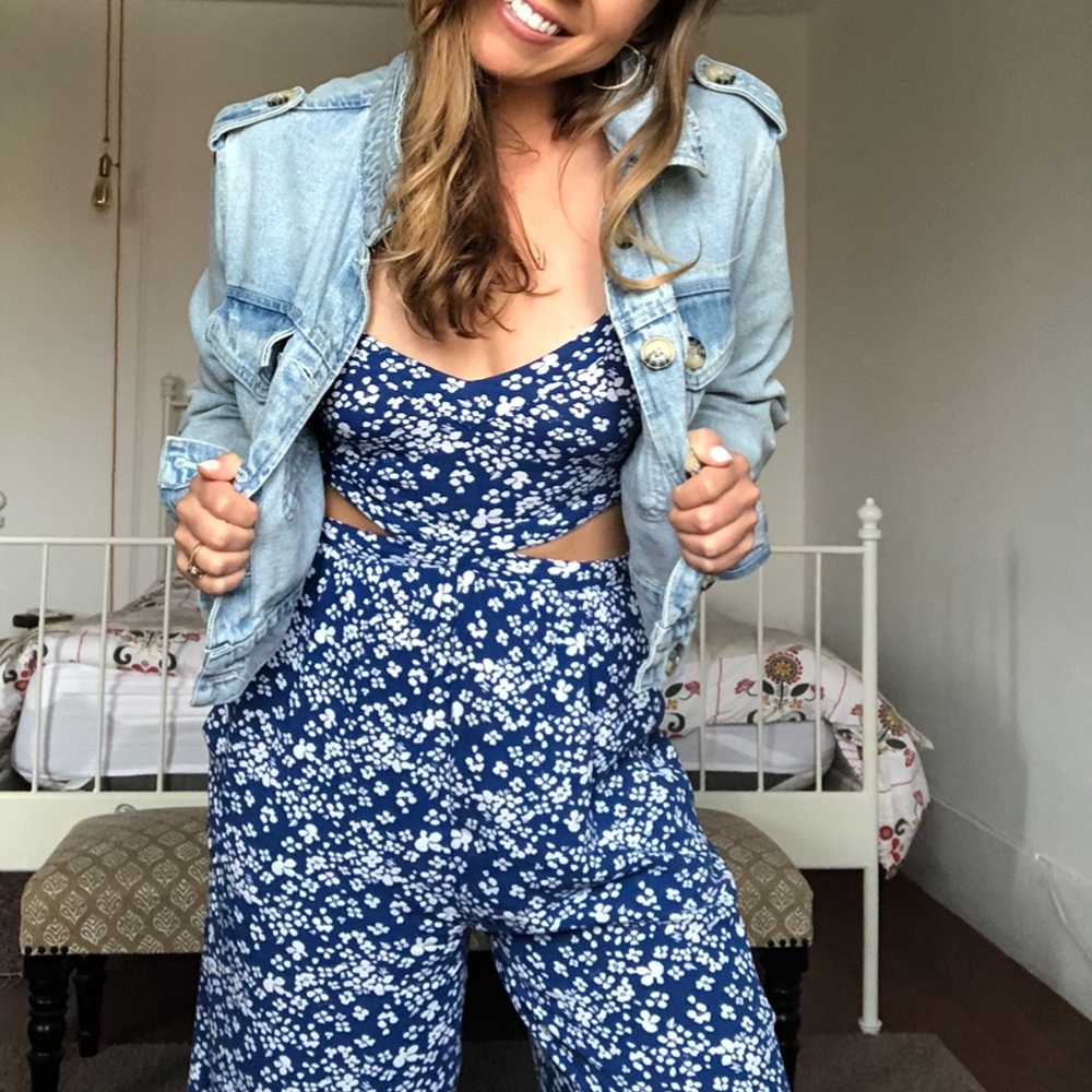 blue & white floral 3/4 length cutout jumpsuit